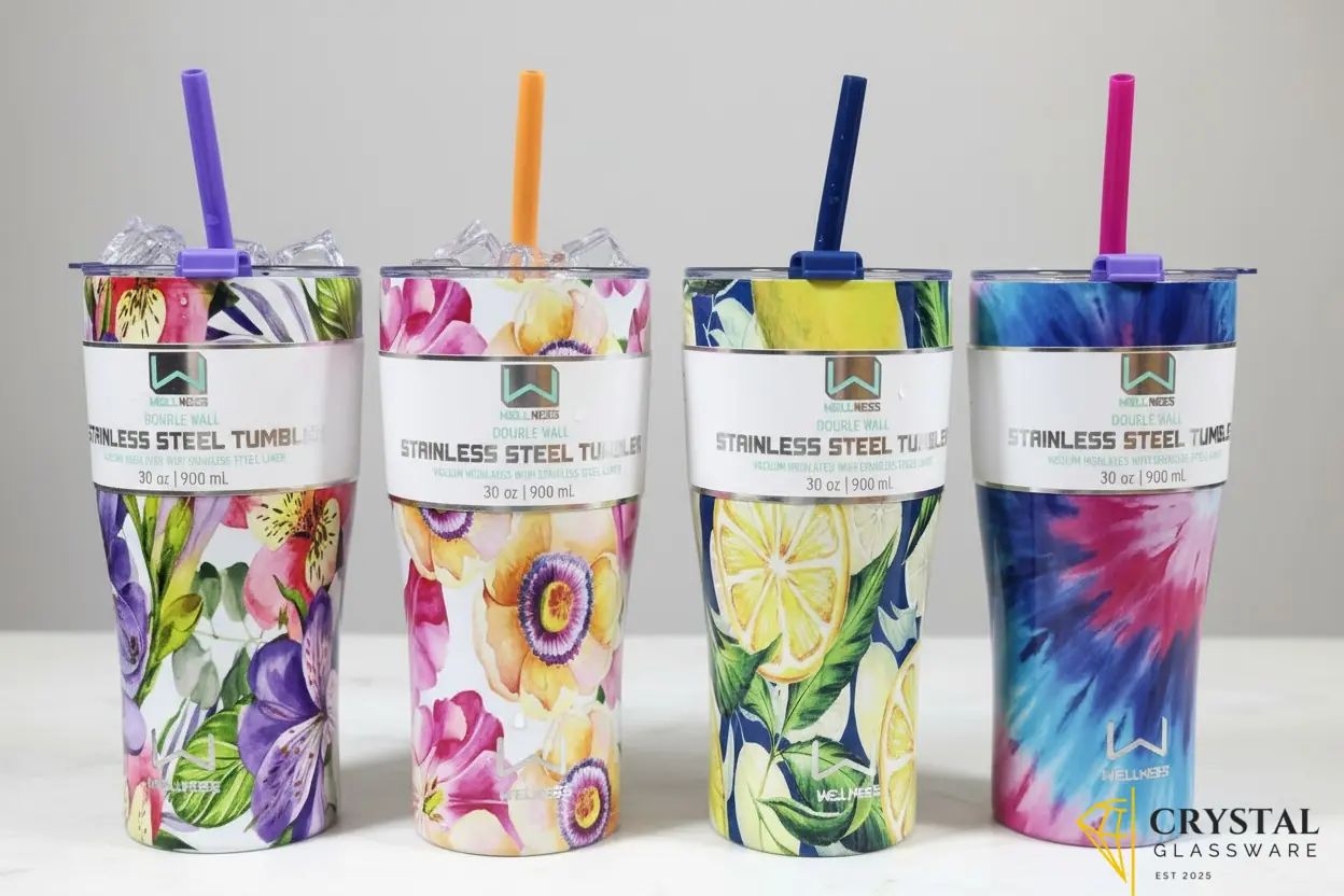 Wellness Double Wall Stainless Steel Tumblers with a 30 oz (900 mL) capacity and vibrant floral or citrus prints